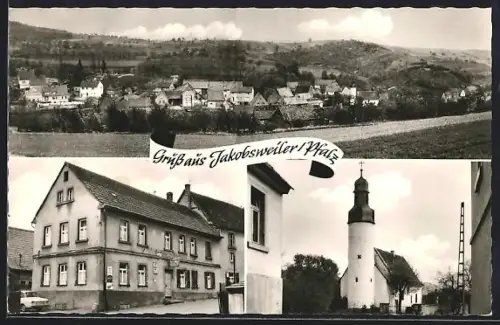AK Jakobsweiler am Donnersberg, Gasthaus zur Krone, Elise Kron, Ortsansicht vom Feld aus, Ansicht der Kirche