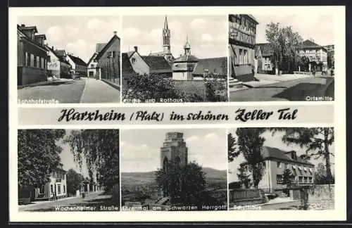 AK Harxheim / Pfalz, Bahnhofstrasse, Schulhaus, Ehrenmal am Schwarzen Herrgott
