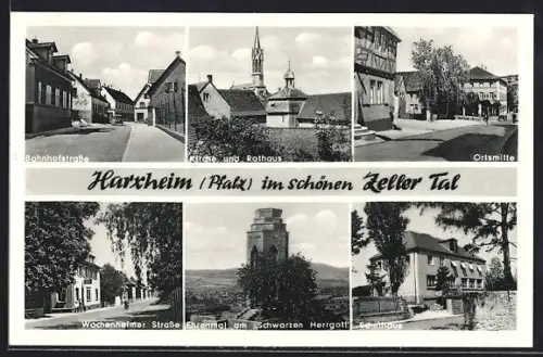 AK Harxheim / Pfalz, Bahnhofstrasse, Schulhaus, Ehrenmal am Schwarzen Herrgott