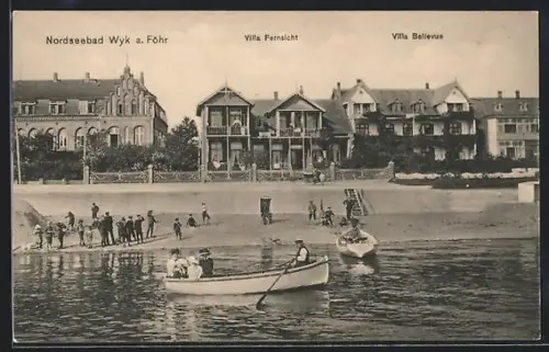 AK Wyk a. Föhr, Strand mit Villa Fernsicht und Villa Bellevue