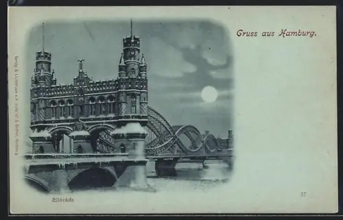 Mondschein-AK Hamburg-Rothenburgsort, Elbbrücke im Vollmondlicht