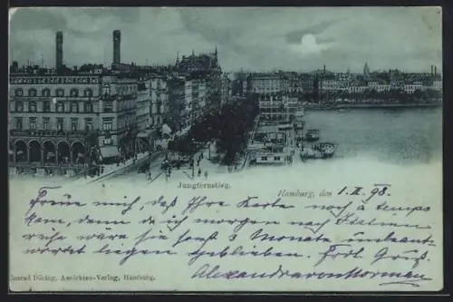 Mondschein-AK Hamburg-Neustadt, Jungfernstieg im Vollmondlicht