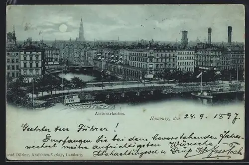 Mondschein-AK Hamburg, Alsterarkaden im Vollmondlicht