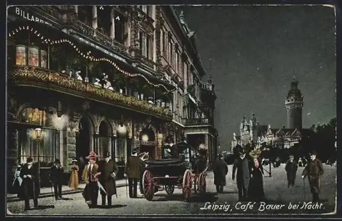 AK Leipzig, Café Bauer bei Nacht
