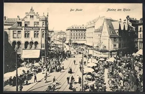 AK Mainz am Rhein, Markt mit buntem Treiben