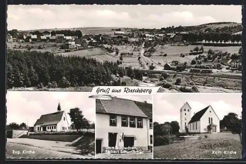 AK Ruschberg, Panorama, Ev. Kirche, Gemischtwaren Robert Schumacher, Kath. Kirche