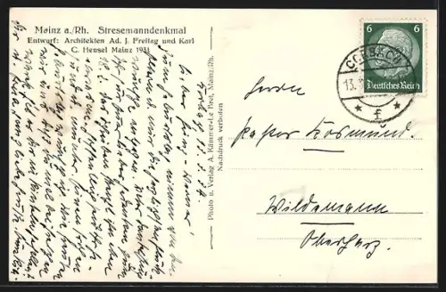 AK Mainz /Rh., Stresemanndenkmal