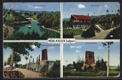 AK Mühlhausen / Th., Stadtpark, Goldfischteich, Parkhaus, Bauernkrieg-Denkmal, Schillerstein