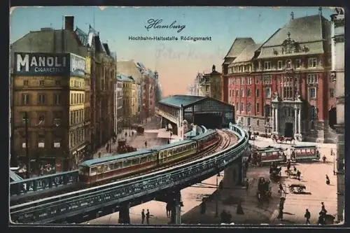 AK Hamburg, Hochbahn-Haltestelle Rödingsmarkt, Strassenbahn