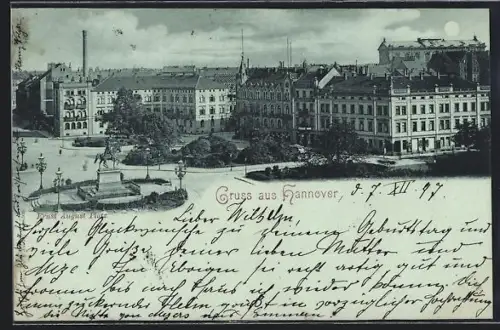 Mondschein-AK Hannover, Ernst August Platz mit Reiterdenkmal