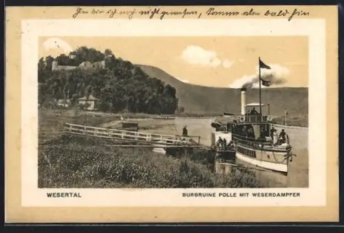 AK Polle, Burgruine Polle, Weserdampfer