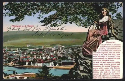 AK Hameln a. d. Weser, Ortsansicht mit Flusspartie, Weserlied