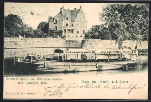 AK Hameln a. d. Weser, Hamelner Schleuse mit Wasserbauinspektion, Motorboot Clara
