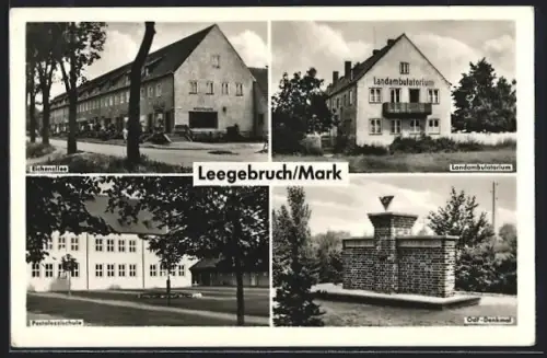 AK Leegebruch /Mark, Eichenallee, Landambulatorium, Pestalozzischule, OdF Denkmal