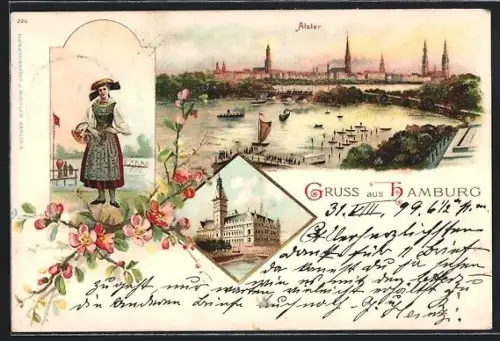 Lithographie Hamburg, Alsterpartie, Frau in Tracht