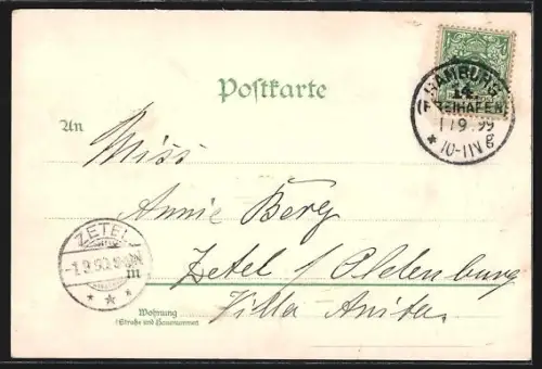 Lithographie Hamburg, Alsterpartie, Frau in Tracht