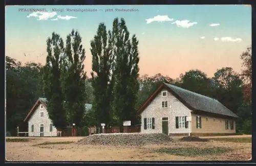 AK Berlin-Wannsee, Pfaueninsel, Partie am Marstallgebäude, jetzt Restaurant