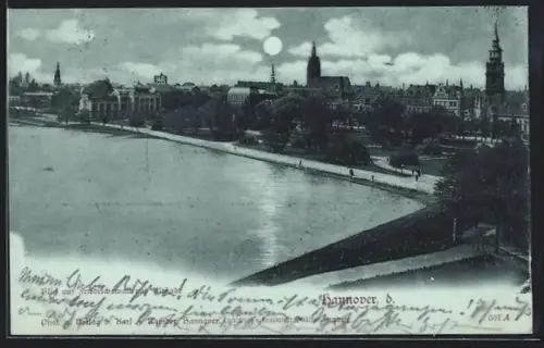 Mondschein-AK Hannover, Panorama der Stadt mit Uferpartie