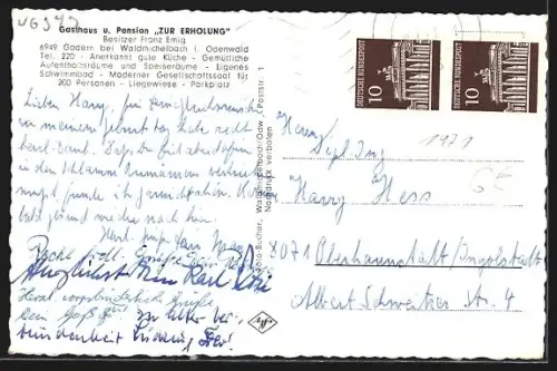 AK Gadern bei Waldmichelbach, Gasthaus und Pension Zur Erholung, Bes. Franz Emig