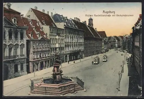 AK Augsburg, Mittlere Maximilian-Strasse, Herkulesbrunnen mit Geschäften und Strassenbahn