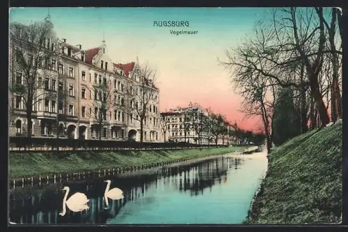 AK Augsburg, Strasse an der Vogelmauer mit Flusspartie