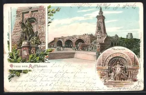 Lithographie Kyffhäuser, Kaiser Wilhelm-Denkmal, Barbarossa und Reiterstandbild