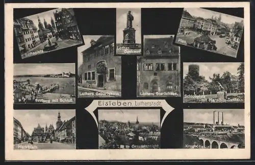 AK Eisleben, Luther-Denkmal, Stiftsplatz, Seeburg, Marktplatz, Marathon-Denkmal