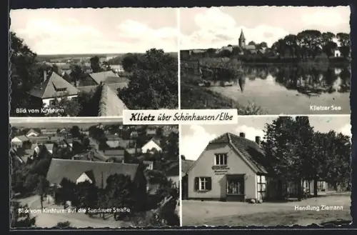 AK Klietz, Blick vom Kirchturm, Partie am See und Handlung Ziemann