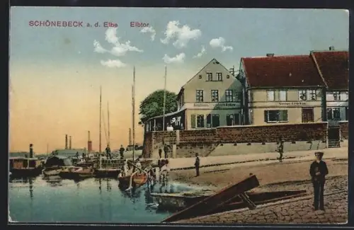 AK Schönebeck a. d. Elbe, Elbtor mit Gasthaus Zum Goldenen Anker