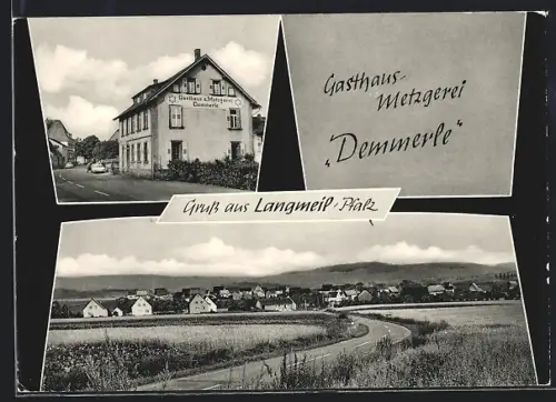 AK Langmeil /Pfalz, Gasthaus-Metzgerei Demmerle, Ortsansicht
