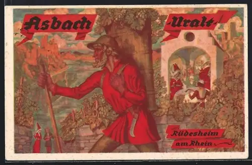 AK Rüdesheim am Rhein, Asbach Uralt, Rheinpartie, Reklame