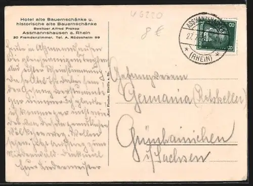 AK Assmannshausen a. Rhein, Restaurant Alte Bauernschenke, Teilansicht, Inh. Alfred Prokop