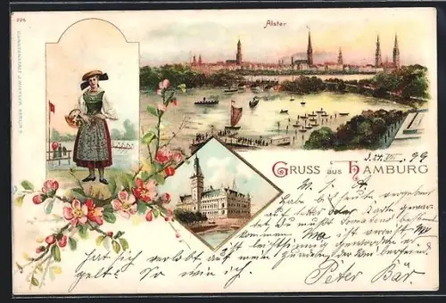 Lithographie Hamburg, Alster, Rathaus, Trachtenfrau