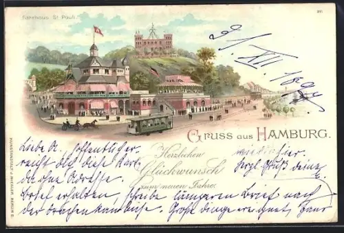 Lithographie Hamburg-St.Pauli, Fährhaus St. Pauli, Strassenbahn