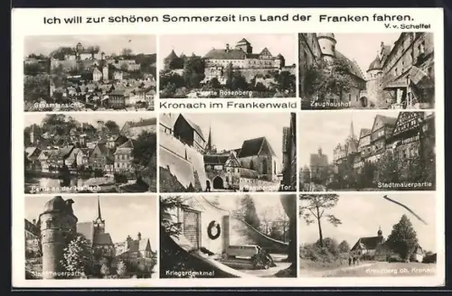AK Kronach im Frankenwald, Festung Rosenberg, Stadtmauerpartie, Kriegerdenkmal