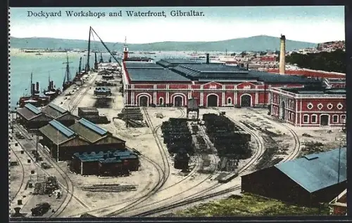 Künstler-AK Gibraltar, Dockyard Workshops and Waterfront