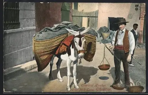 Künstler-AK Gibraltar, Charcoal Hawker in City Mill Lane, Strassenhändler mit Esel