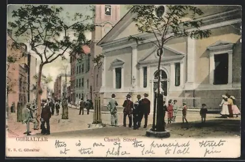AK Gibraltar, Church Street, Strassenleben an der Kirche