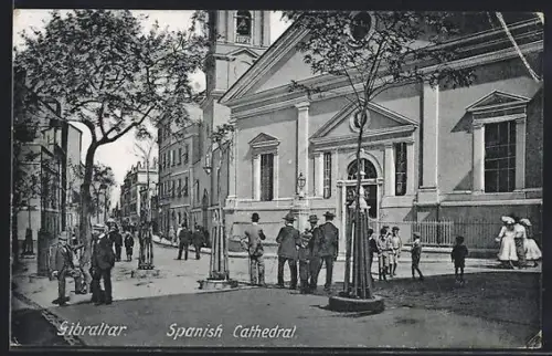 AK Gibraltar, Spanish Cathedral, Strassenpartie mit Kathedrale