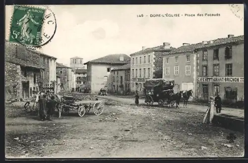 AK Doré-l`Église, Cafe Restaurant Brignon, Place des Pacaudis avec charrettes et chevaux