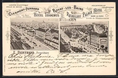 AK Clermont-Ferrand /Royat-les-Bains, Hôtel Terminus et Richelieu Palace Hôtel dans leur environnement urbain