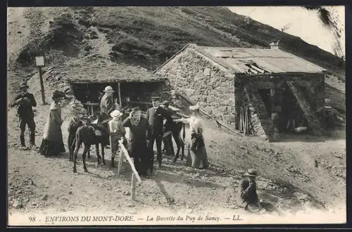 AK Mont-Dore, La Buvette du Puy de Sancy avec des visiteurs et des ânes