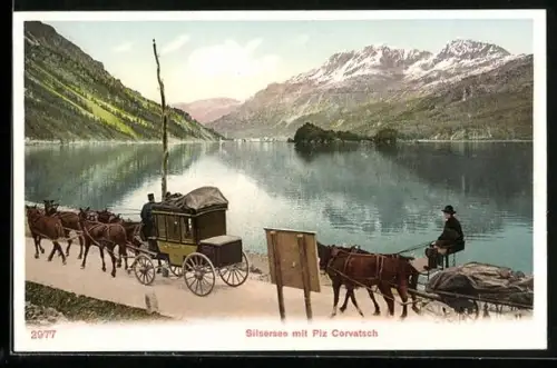 AK Sils, Silsersee mit Piz Corvatsch, Postkutsche, Fuhrwerk