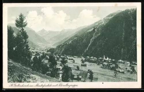 AK St. Gallenkirch im Montafontal, Ortsansicht mit Silvrettagruppe