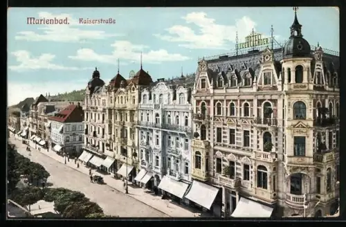 AK Marienbad, Kaiserstrasse mit Hotel Egerländer und Geschäften