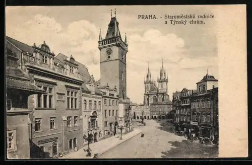 AK Prag / Praha, Staromestská radnice a Týnský chrám