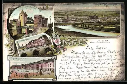 Lithographie Metz, Deutsches Tor, Pionier-Kaserne, Stadthaus & Hauptwache