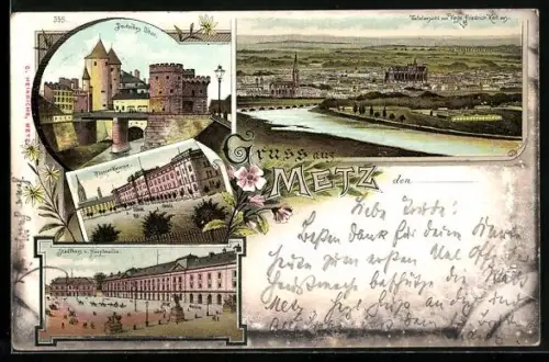 Lithographie Metz, Deutsches Thor, Flusspartie mit Brücke, Kaserne