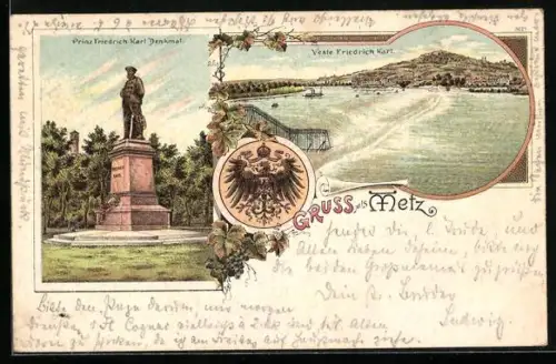 Lithographie Metz, Veste Friedrich Karl, Prinz Friedrich Kalr Denkmal, Wappen