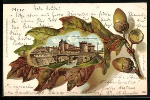 Passepartout-Lithographie Metz, Deutsches Tor, Eichelblatt
